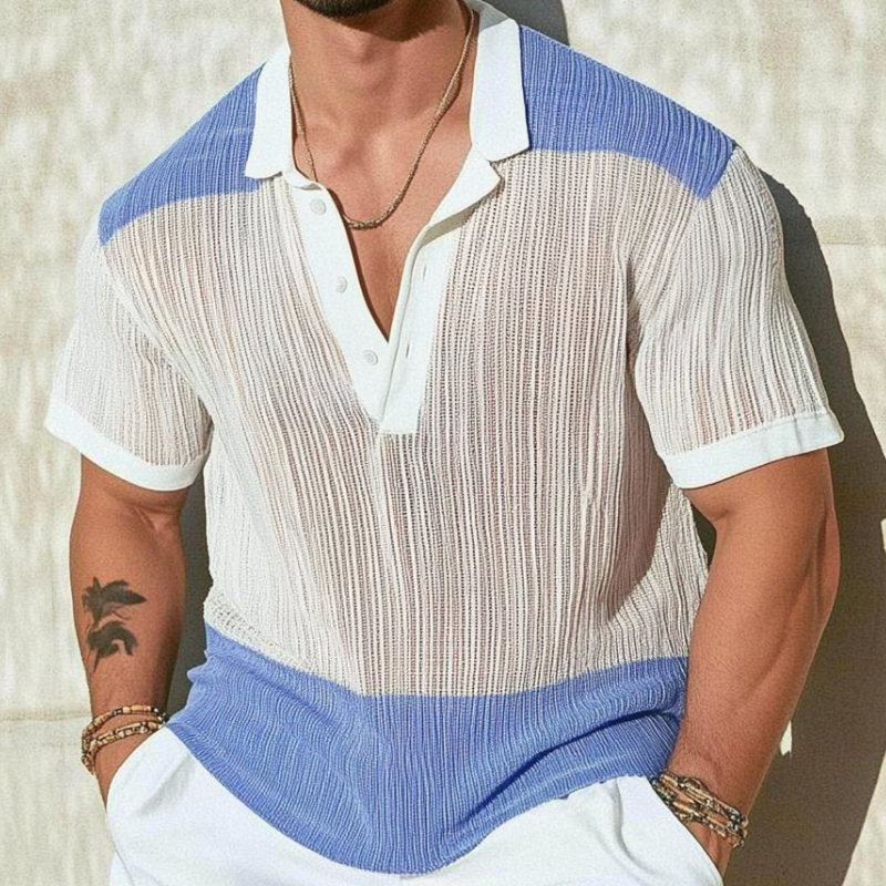 Men's Casual Contrast Lapel Loose Single Knit Short Sleeve Polo Shirt