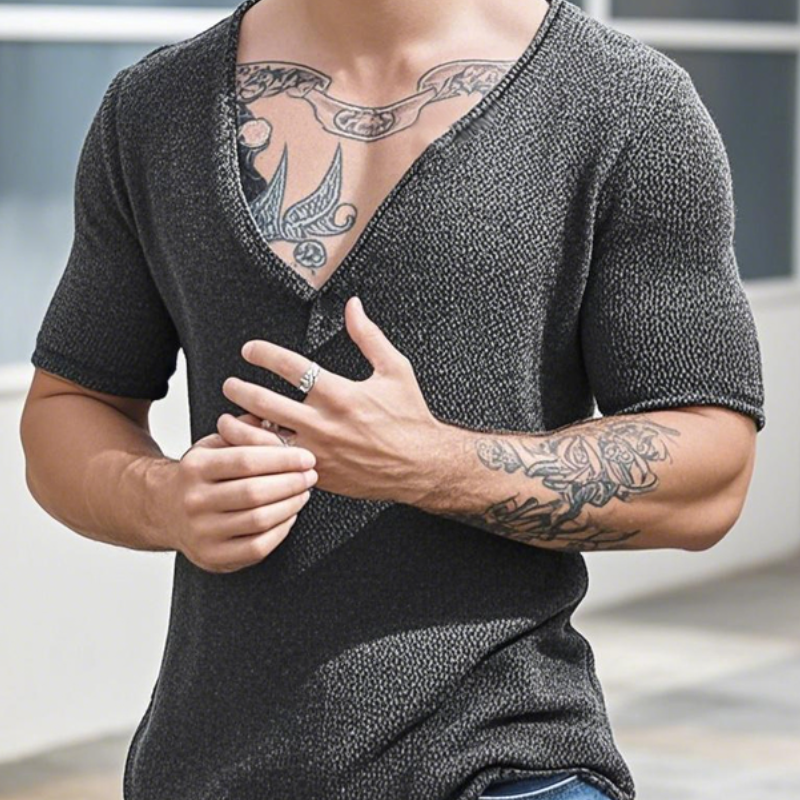 T-shirt décontracté en tricot à manches courtes et col en V pour homme, couleur unie