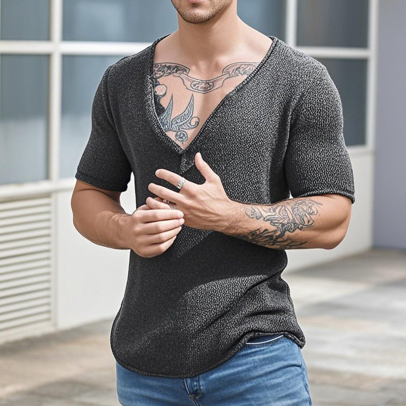 T-shirt décontracté en tricot à manches courtes et col en V pour homme, couleur unie