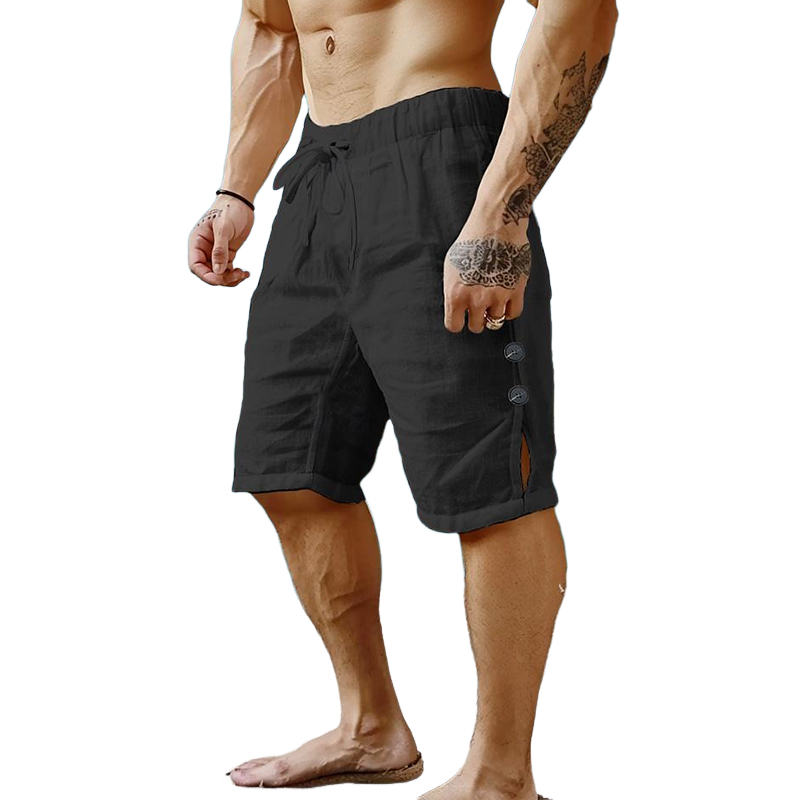 Men's Cotton and Linen Solid Color Button Shorts