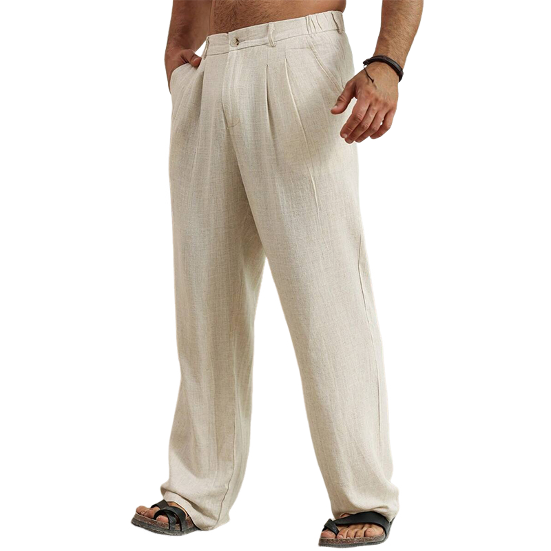 Men's Casual Cotton and Linen Solid Color Elastic Beach Pants