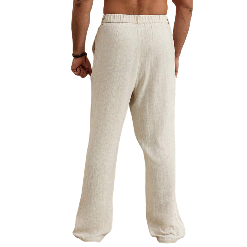 Men's Casual Cotton and Linen Solid Color Elastic Beach Pants