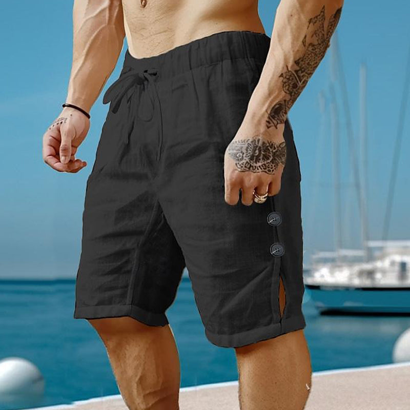 Men's Cotton and Linen Solid Color Button Shorts