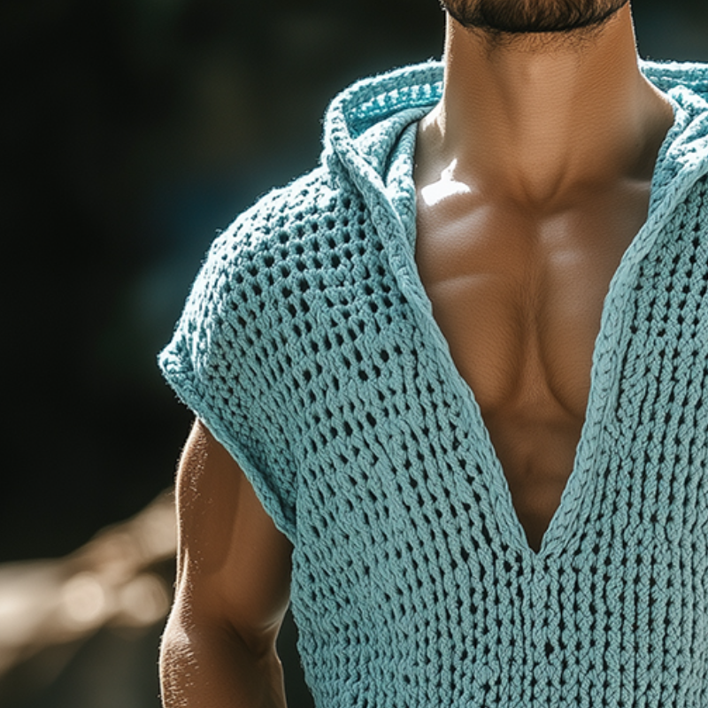 Men's Retro Casual Knit Hooded Tank Top ASW0285D0TO