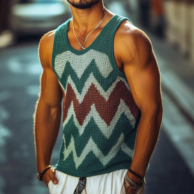 Men's Retro Casual Diamond Colorblock Round Neck Tank Top ASW0337D5TO