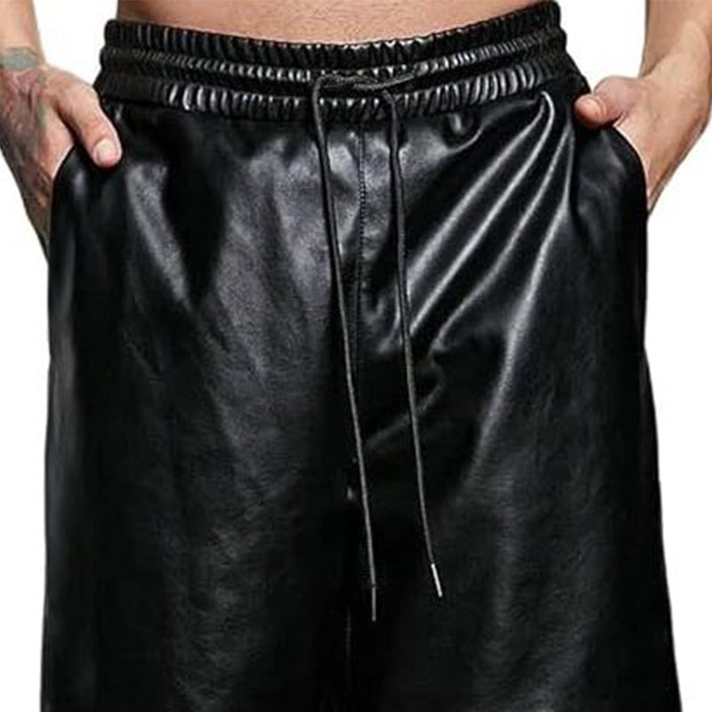Men's Summer Basic Loose Pure Black PU Leather Shorts