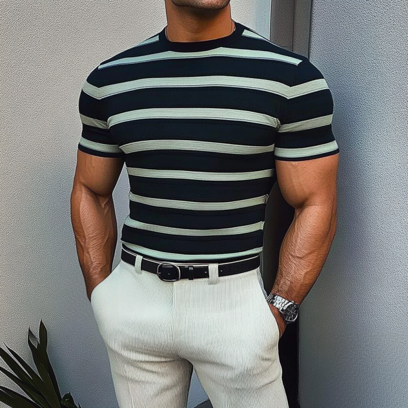 T-shirt décontracté à manches courtes et col rond pour homme, rayé et contrasté, coupe ajustée, en tricot