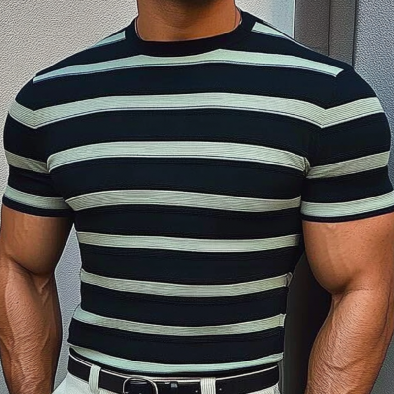 T-shirt décontracté à manches courtes et col rond pour homme, rayé et contrasté, coupe ajustée, en tricot