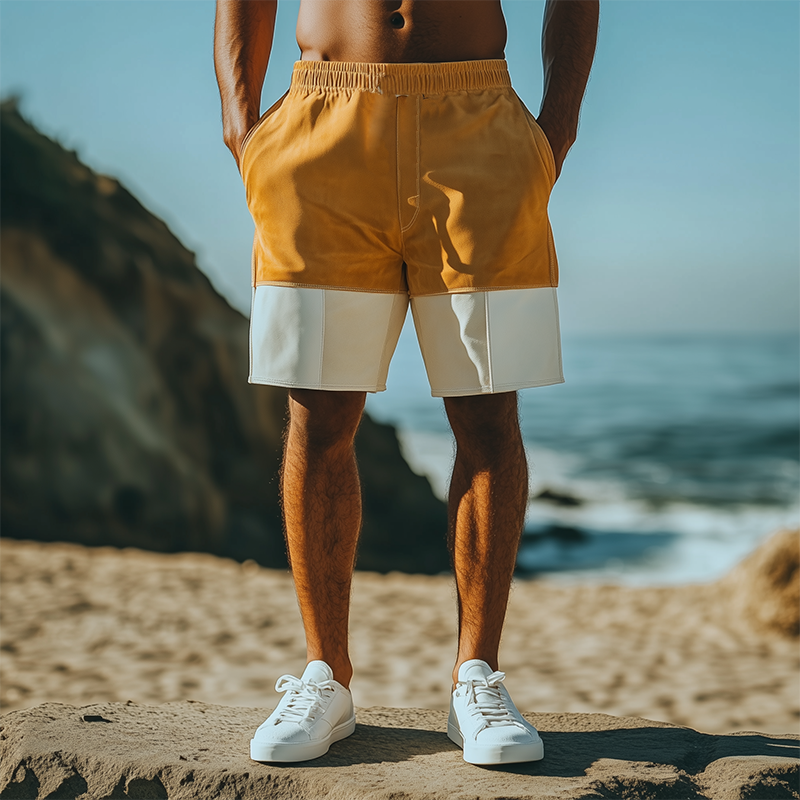 Men's Spring and Summer Fashion Casual Contrast Color Stitching Elastic Waist Suede Shorts