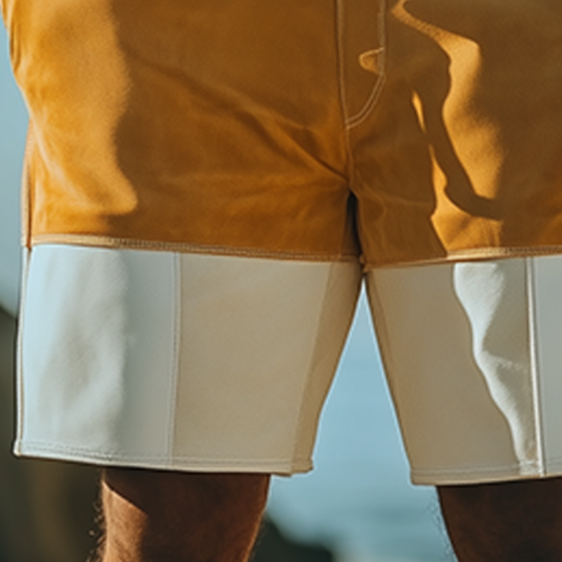 Men's Spring and Summer Fashion Casual Contrast Color Stitching Elastic Waist Suede Shorts