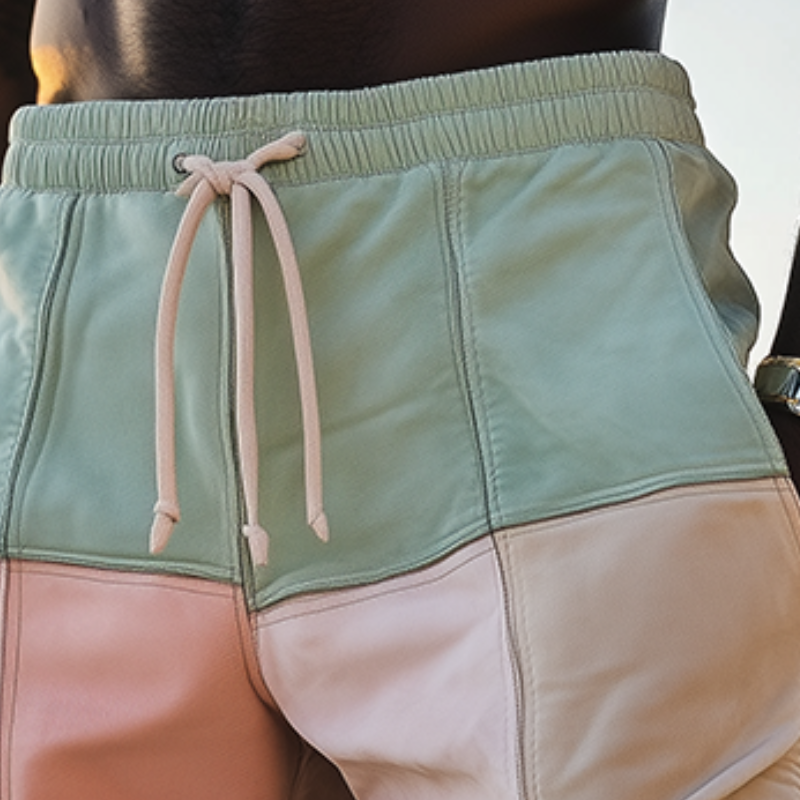 Men's Spring and Summer Fashion Casual Contrast Color Stitching Elastic Waist Suede Beach Shorts