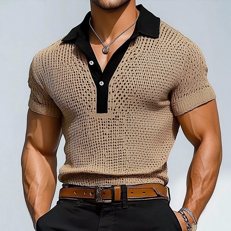Polo à manches courtes en patchwork de mailles rétro pour homme