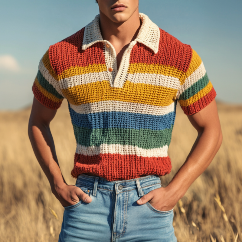 Lässiges Herren-Poloshirt mit Regenbogenstreifen und Revers, kurzärmelig, Strick ASW0720D3M