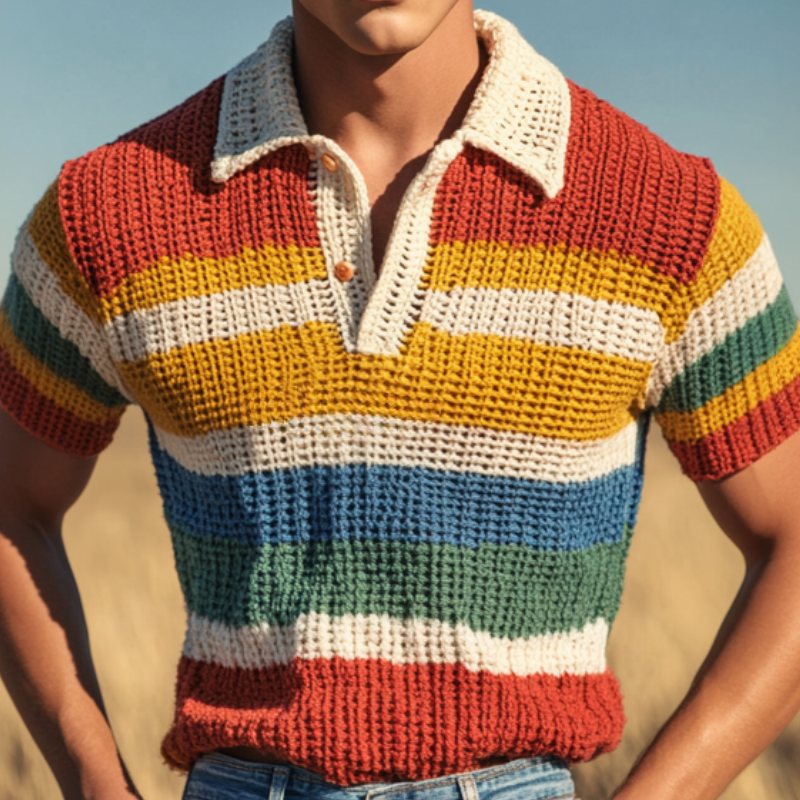 Lässiges Herren-Poloshirt mit Regenbogenstreifen und Revers, kurzärmelig, Strick ASW0720D3M