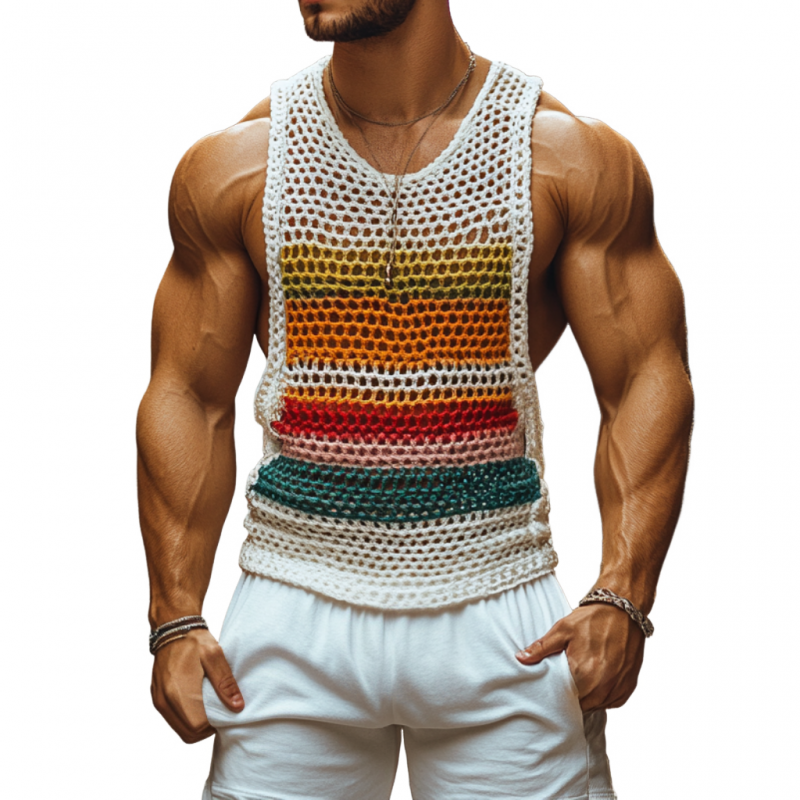 Débardeur décontracté à col rond et rayures colorées pour homme, ASW0774D7M