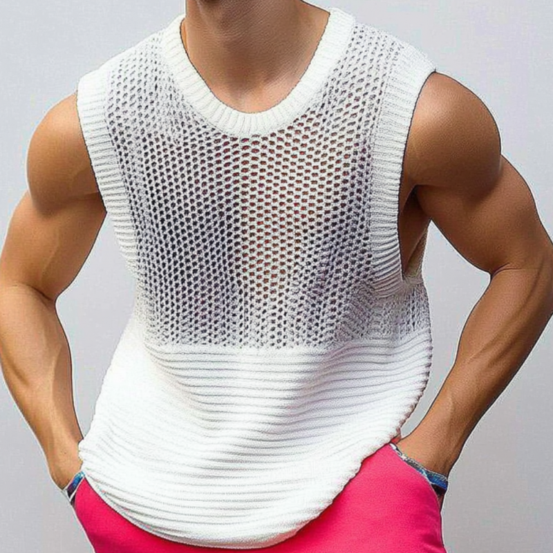 Men's Casual Crew Neck Hollow Out Patchwork Knitted Tank Top ASW0786D7M