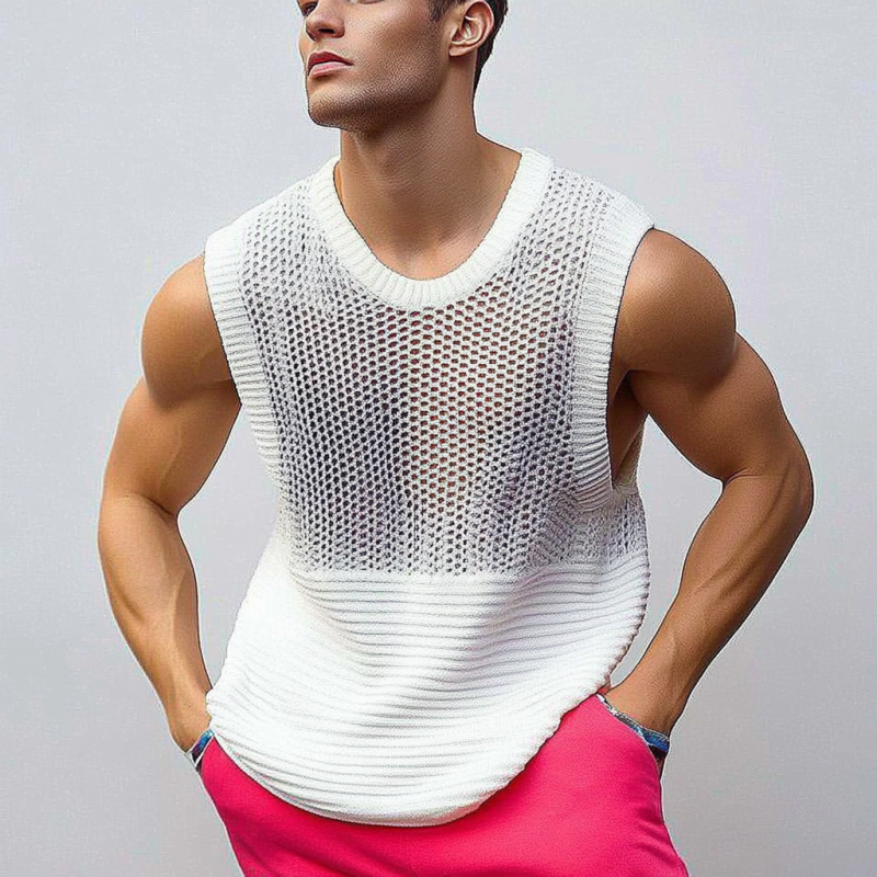 Men's Casual Crew Neck Hollow Out Patchwork Knitted Tank Top ASW0786D7M