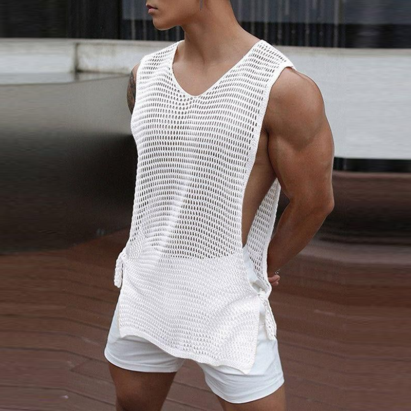 Men's Casual Round Neck Hollow Breathable Knitted Tank Top ASW0768D5M