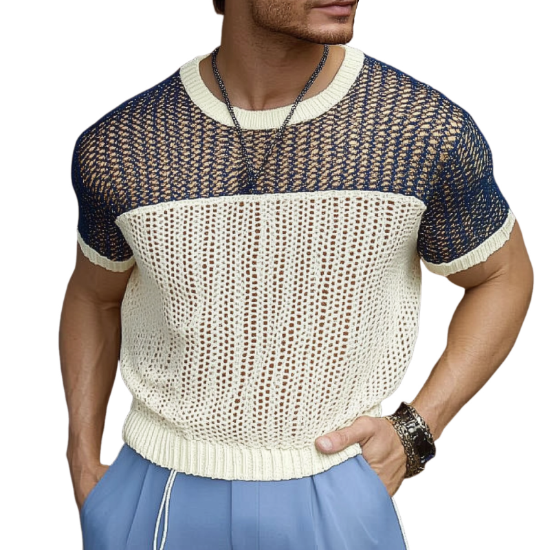 Men's Casual Round Neck Color Block Knitted Short Sleeve Sweater T-Shirt MTA0767D9M