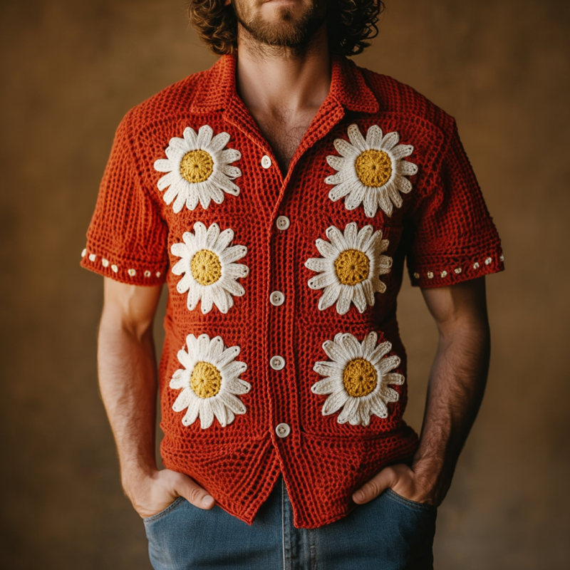 Men's Casual Lapel Single Breasted Daisy Embroidery Knitted Short Sleeve Cardigan MTA0791D3M