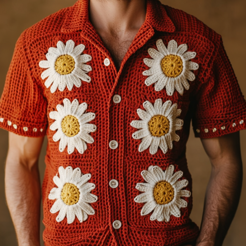 Men's Casual Lapel Single Breasted Daisy Embroidery Knitted Short Sleeve Cardigan MTA0791D3M
