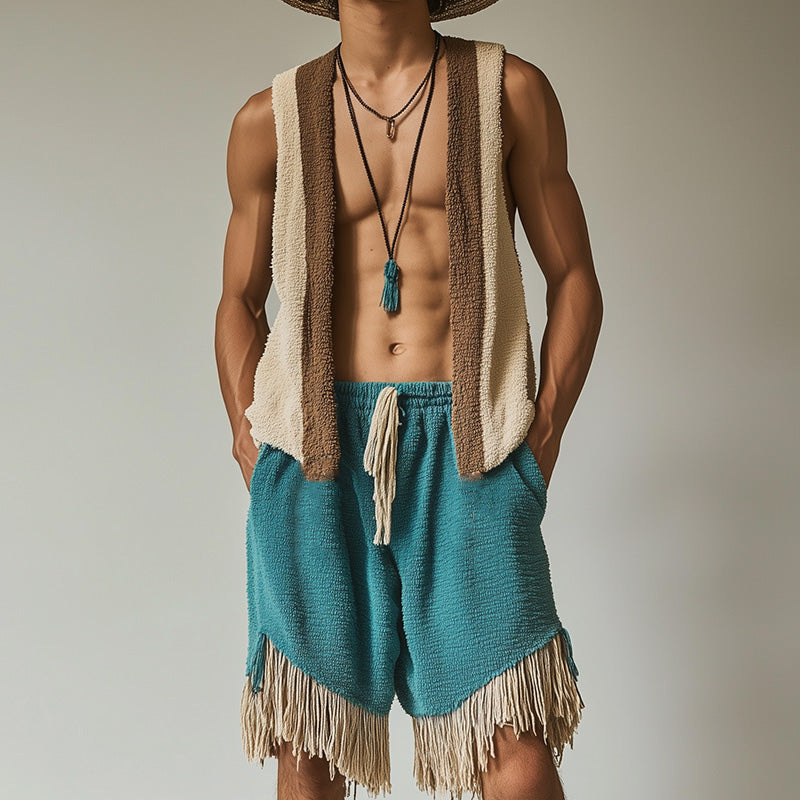 Men's Spring Fashion Towel Cloth Tassel Sleeveless Shorts Set ASW0825D1P