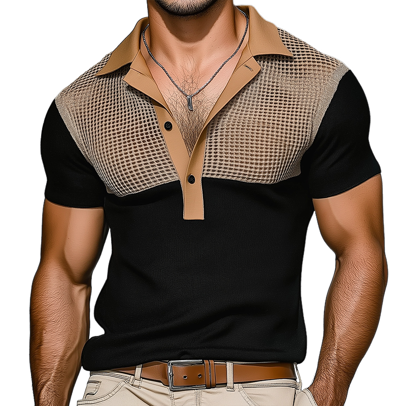 Herren Retro Hohl Gestricktes Patchwork Kurzarm Poloshirt ASW0764D5TO