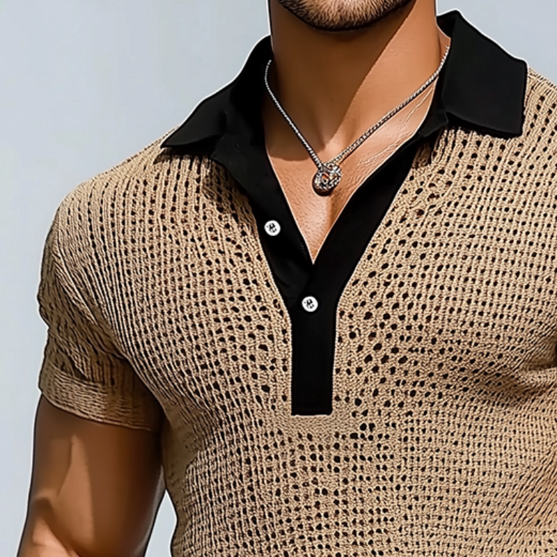 Men's Retro Hollow Knitted Patchwork Short-Sleeved Polo Shirt
