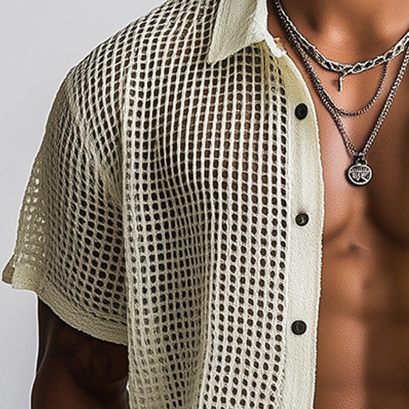 Men's Spring Fashion Woven Hollow Short Sleeve Shirt ASW0889D2P