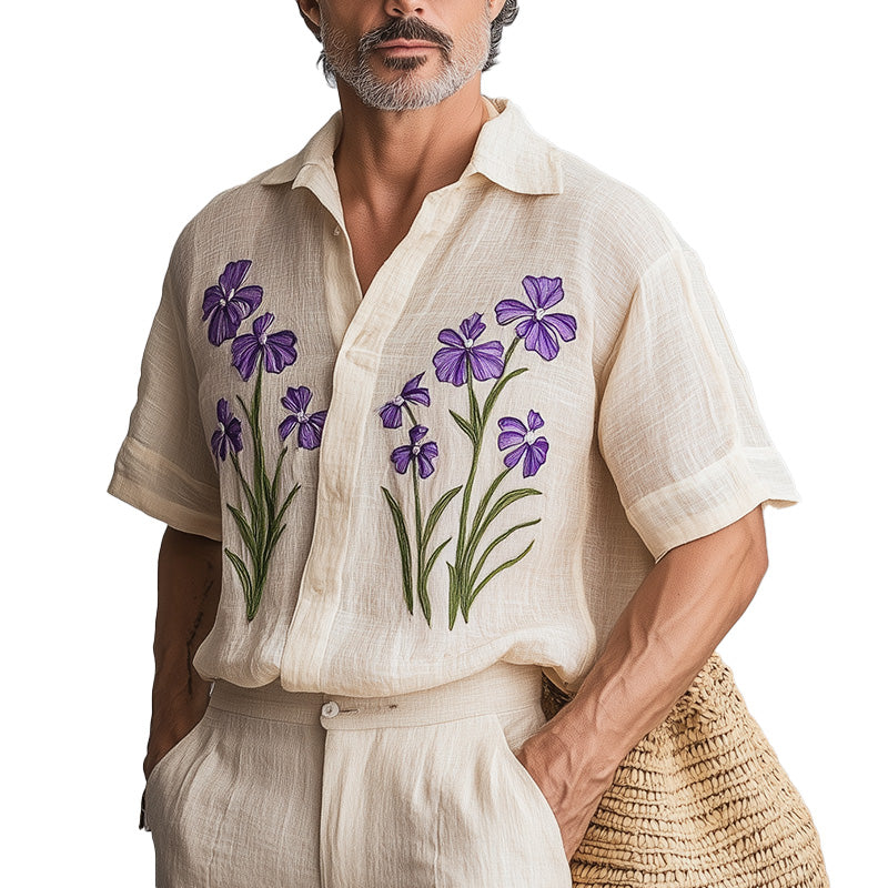 Men's Spring Fashion Retro Embroidered Cotton and Linen Short Sleeve Shirt