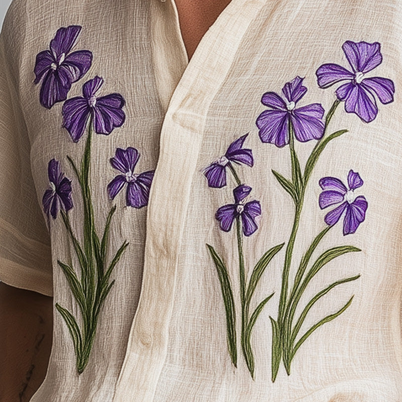 Men's Spring Fashion Retro Embroidered Cotton and Linen Short Sleeve Shirt