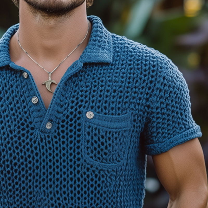 Herren Retro Einfarbig Gestrickte Tasche Kurzarm Poloshirt ASW0982D1TO