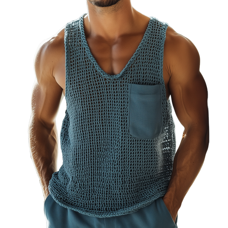 Men's Vintage Solid Knit Pocket Crew Neck Tank Top ASW0932D5TO