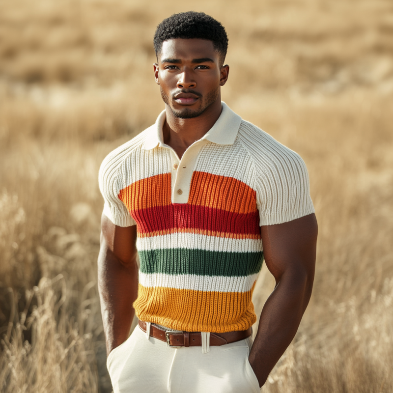 Lässiges, farbig gestreiftes, weiches Strick-Poloshirt mit kurzen Ärmeln für Herren ASW0827D4M
