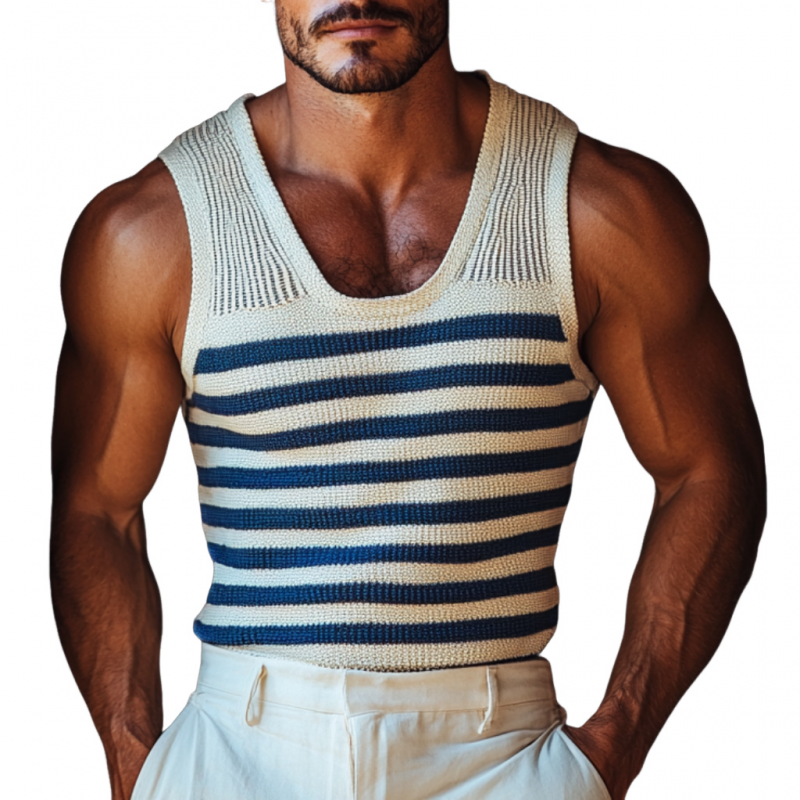 Men's Casual U Neck Navy Striped Slim Fit Knitted Tank Top ASW0898D9M