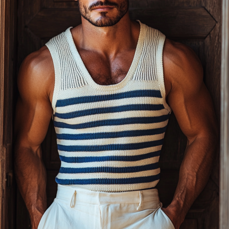 Men's Casual U Neck Navy Striped Slim Fit Knitted Tank Top ASW0898D9M