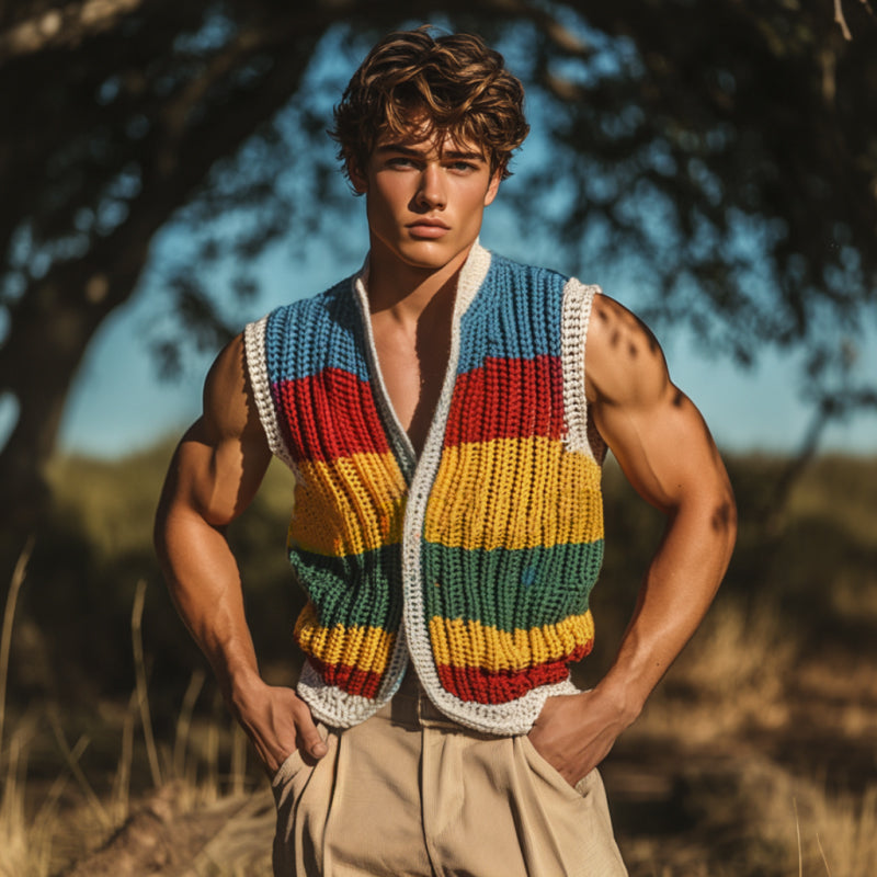 Men's Casual V-neck Colorful Striped Single-breasted Knitted Vacation Vest ASW0817D0M