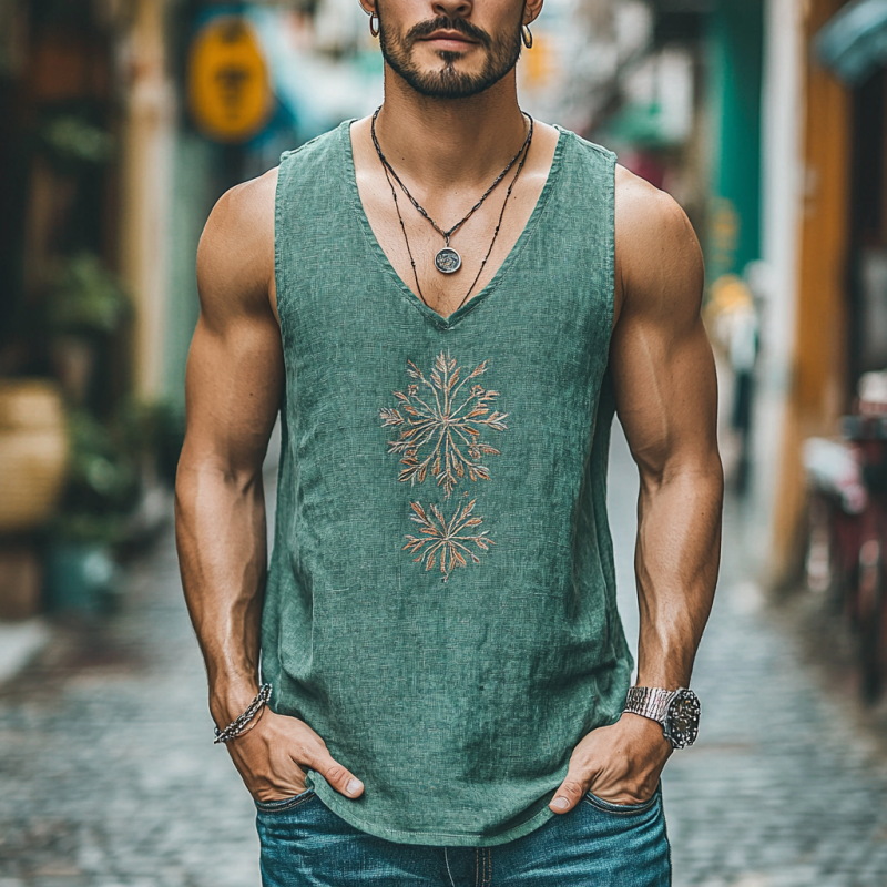 Men's Casual Linen Embroidered Round Neck Loose Tank Top
