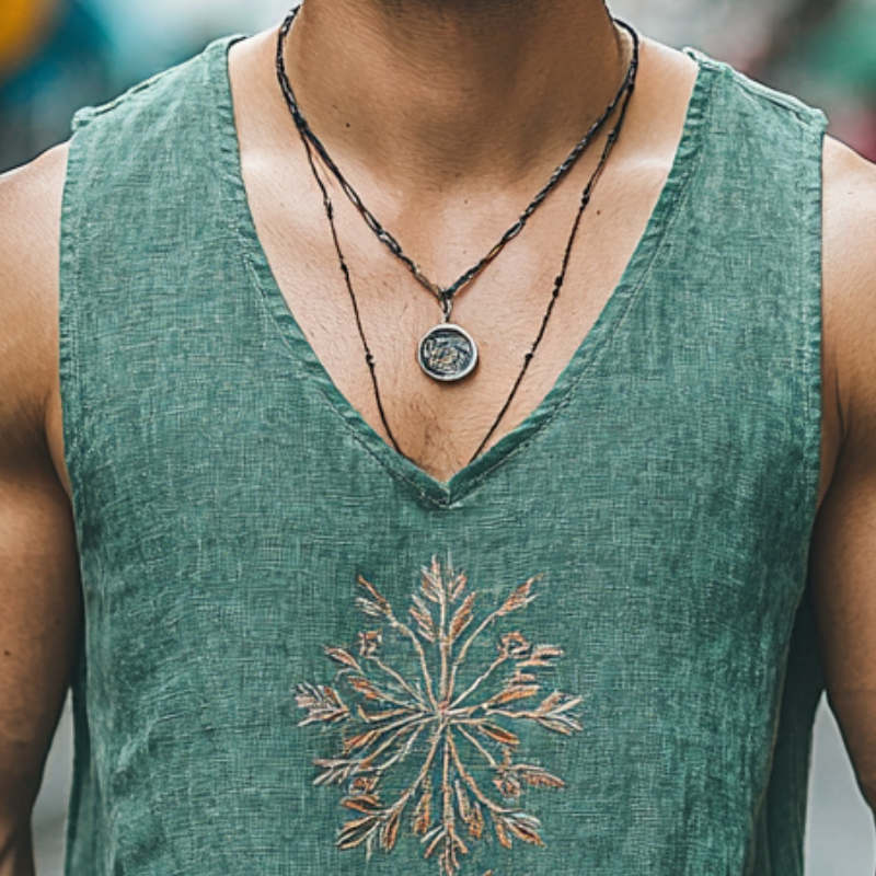Men's Casual Linen Embroidered Round Neck Loose Tank Top