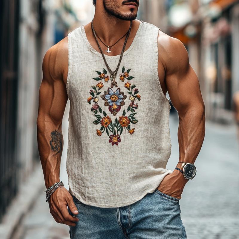 Men's Casual Linen Floral Embroidery Round Neck Loose Tank Top