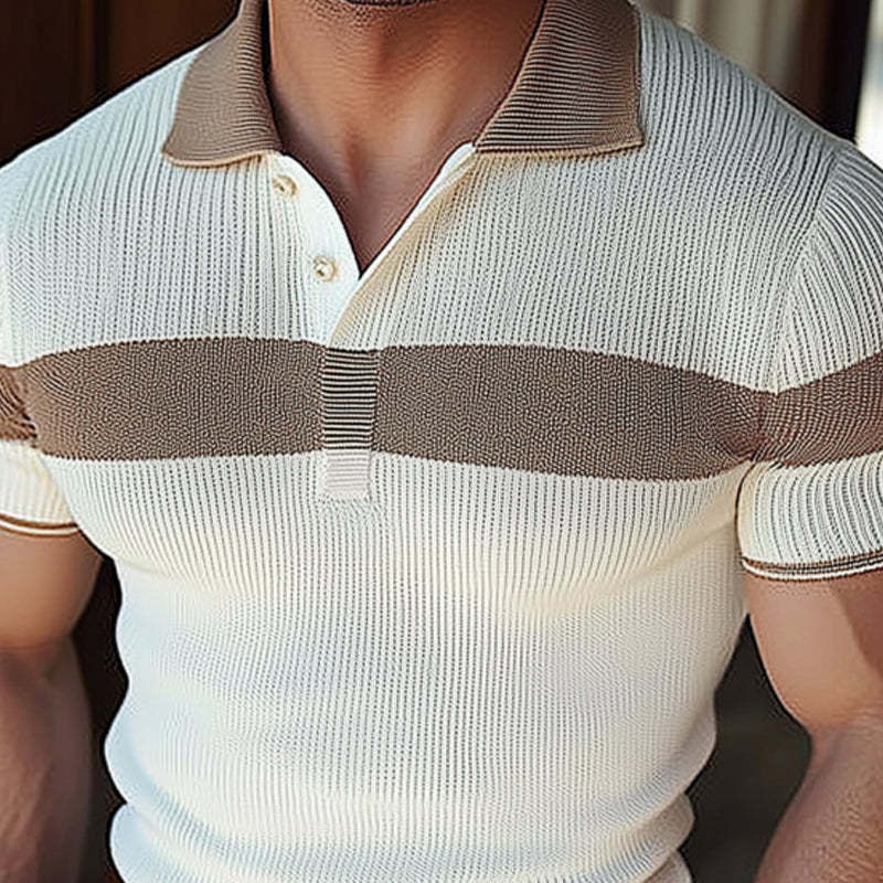 Men's Casual Contrast Lapel Slim Fit Knitted Short Sleeve Polo Shirt