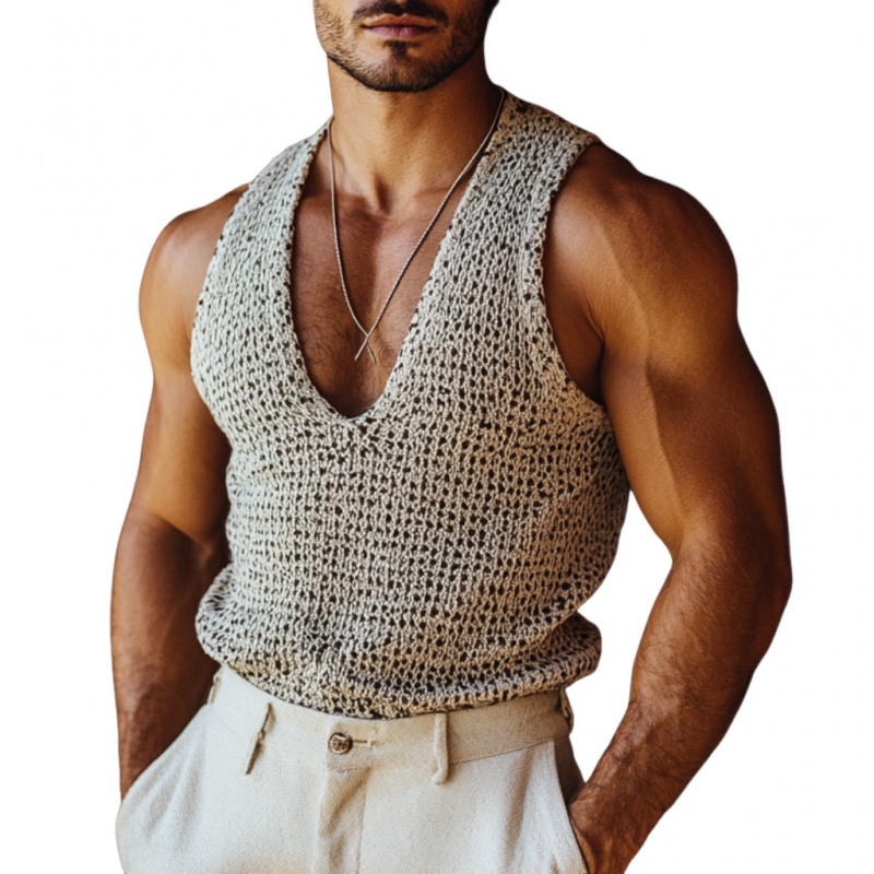 Lässiges Herren-Tanktop mit tiefem V-Ausschnitt und lockerem Strick ASW0829D0M