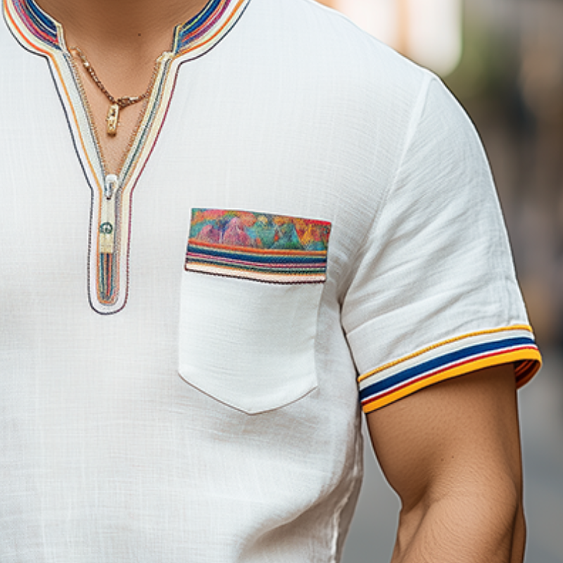 Men's Spring and Summer Fashion Casual V-neck Zipper Colored Ribbon Cotton and Linen Short-sleeved T-shirt
