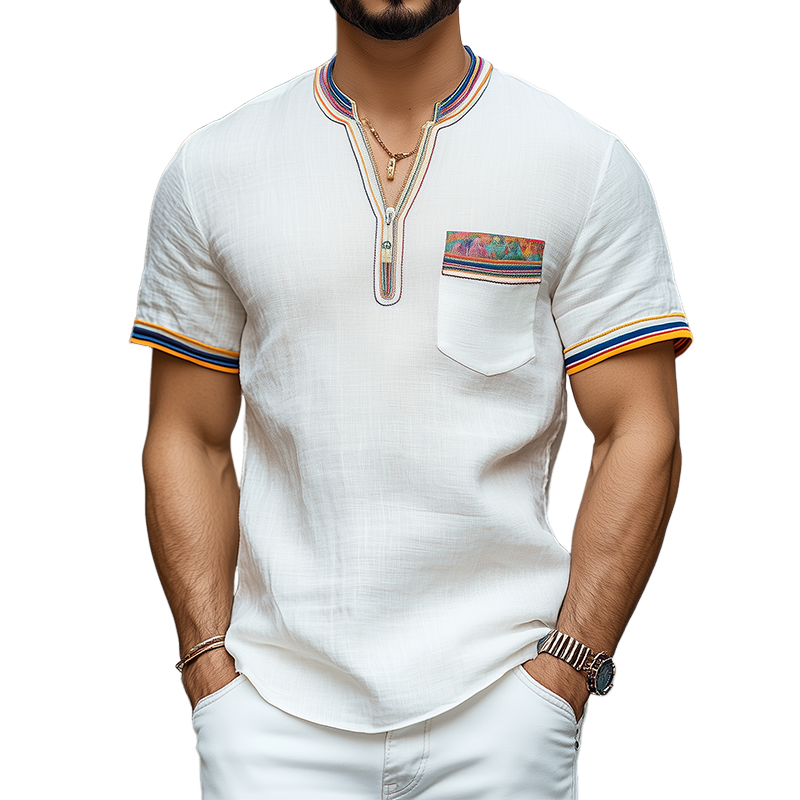 Men's Spring and Summer Fashion Casual V-neck Zipper Colored Ribbon Cotton and Linen Short-sleeved T-shirt