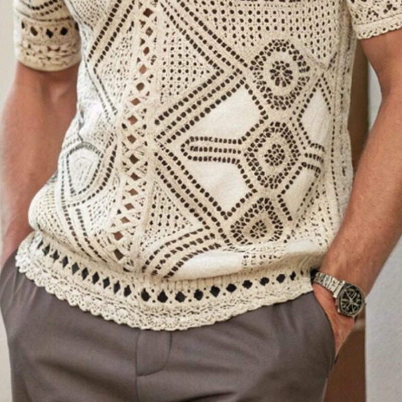 Men's Summer Fashion Casual Vacation Lapel Hollow Knitted Short-sleeved T-shirt ASW1064D8K