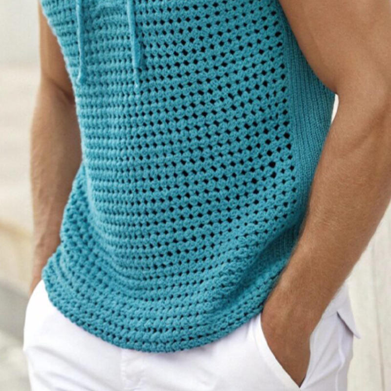 Men's Summer Fashion Casual Hooded Hollow Knitted Short Sleeve T-shirt ASW1013D0K