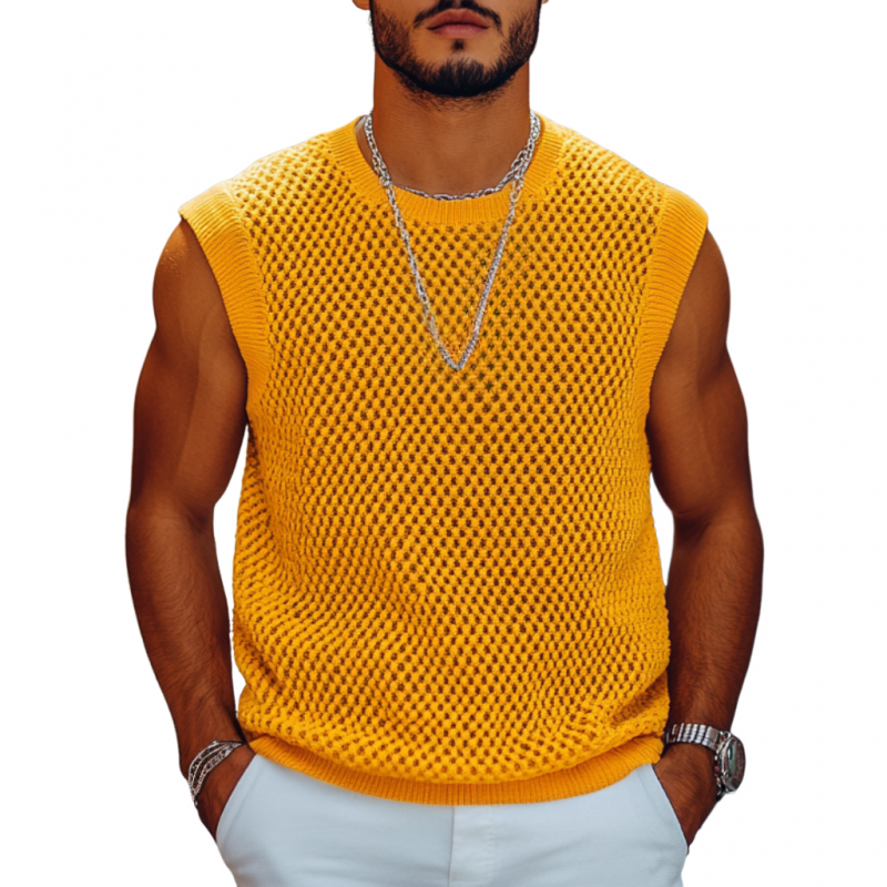 Men's Casual Solid Color Round Neck Loose Breathable Knitted Tank Top ASW0968D8M