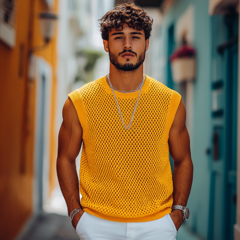 Men's Casual Solid Color Round Neck Loose Breathable Knitted Tank Top ASW0968D8M