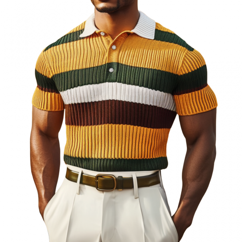 Polo décontracté à manches courtes et revers à rayures contrastées pour homme, coupe slim, en tricot doux, MTA0921D6M