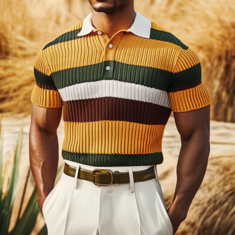 Men's Casual Contrast Stripe Lapel Slim Fit Soft Knitted Short Sleeve Polo Shirt